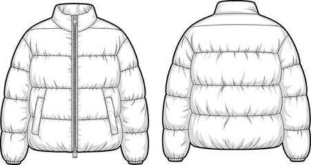 Cad drawing flat vector illustration, puffer jacket front and back view, fashion sketch, garment template, quilted outerwear design © Bokul Creatives