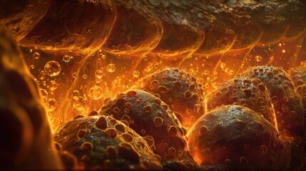 Close-up of fiery molten lava with bubbling surface and glowing heat effects