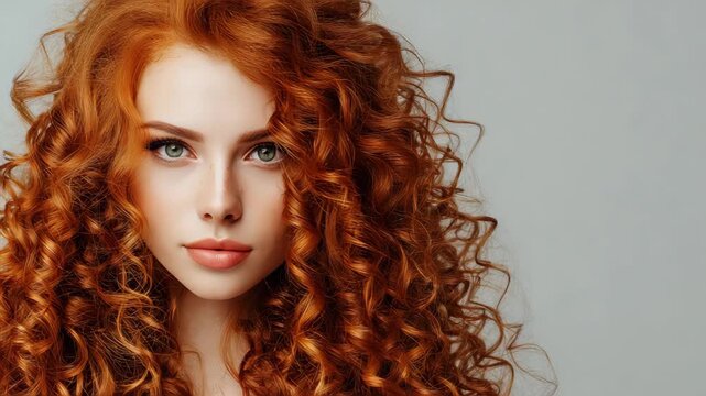 Beautiful model girl with long red curly hair .Red head