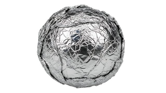 Shiny silver ball covered in crumpled foil isolated on transparent background, creating a textured and reflective surface
