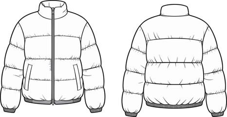 CAD drawing flat vector illustration, technical fashion sketch, insulated puffer jacket front back view, winter outerwear design template © Bokul Creatives