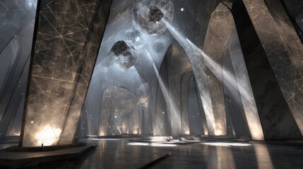 Futuristic Interior with Metallic Surfaces and Floating Spheres in a Sci-Fi Space Scene