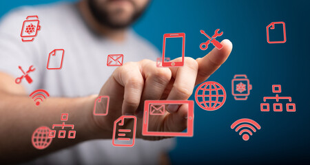 A person interacting with digital icons representing technology and communication on a blue background. Innovat