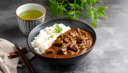 A bowl of Japanese curry rice with tea. Food photography showing a delicious meal. Rice, curry and green tea, with some greens