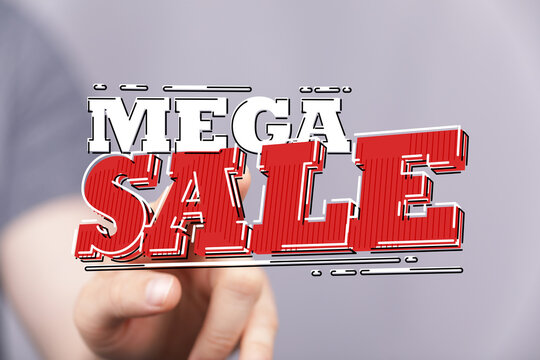 Hand pointing at mega sale text, showcasing great offers and discounts. Perfect for advertising promotions and marketing campaigns.