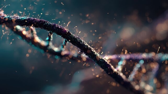 Close-up of a Glowing DNA Double Helix with Sparkling Particles