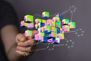 Innovative abstract cubes with networking and connection in the hand. Technology concept, data transfer, modern