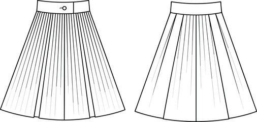 CAD drawing flat vector illustration, technical pleated skirt sketch, waistband detail comparison, fashion blueprint, garment construction, sewing template