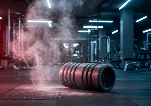 Fitness roller resting on gym floor with dramatic lighting and dust effect. Male personal trainer resting a foam roller on the floor in a modern fitness facility.