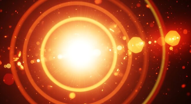 Abstract light with glowing circles and lens flare creating a bright warm visual effect radiating outwards creating an interesting background for scientific and technological applications