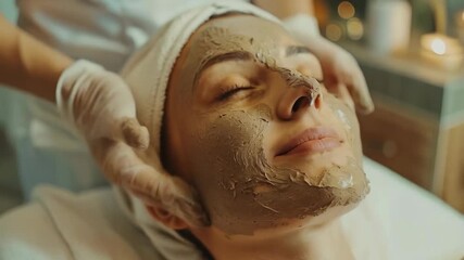 A mud mask is applied to a woman's face, symbolising care and healing — a relevant backdrop for promotional materials for beauty salons or wellness centres.
