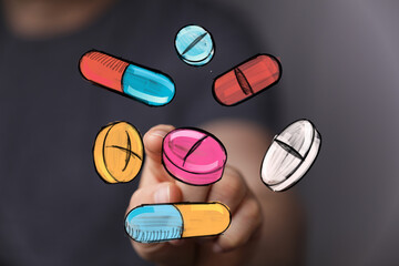 Colorful hand drawn pills and capsules illustration. Healthcare, medicine, pharmacy concept.