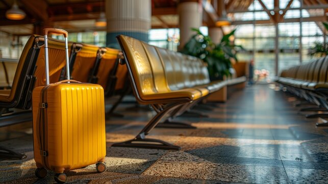 Abandoned yellow suitcase in airport terminal highlights lost travel item of a passenger s journey