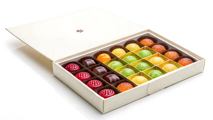 Assortment of colorful fruit flavored chocolates in a gift box