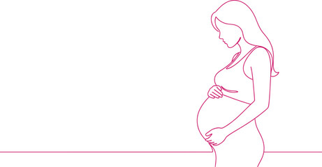 Continuous Line Art Vector Illustration of a Pregnant Woman Holding Her Belly, Symbolizing Expectant Motherhood, Pregnancy Care, Maternity Health, and Family Planning Concepts
