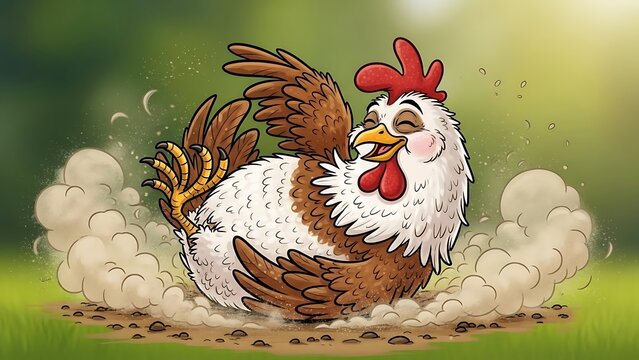 Delightful cartoon chicken taking a dust bath with closed eyes, showcasing joyful farm life and whimsical animal antics for children's content