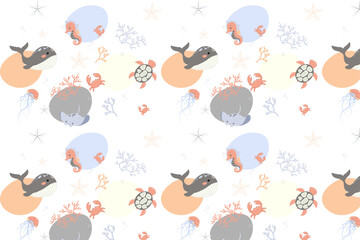 Cute seamless pattern with whales, turtles, seahorses, crabs, and starfish on a white background. Perfect for kids, nursery, or ocean-themed designs.