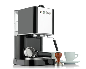 Portafilter espresso machine with tamper and cups on a transparent PNG background, presenting a complete barista setup for crafting rich espresso in a clean, high-quality image for versatile design us