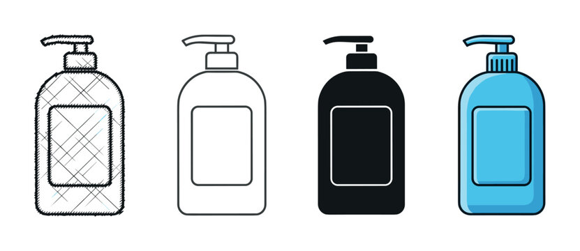 Pump dispenser bottle icons in a set of four distinct styles: hand-drawn sketch, simple line art, solid black silhouette, and a blue flat color version