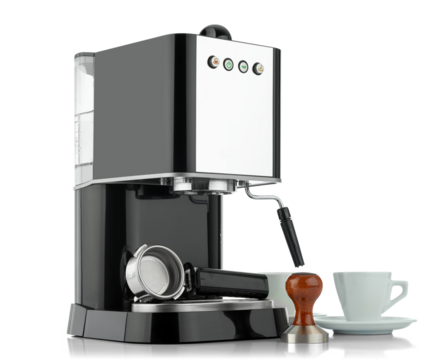 Portafilter espresso machine with tamper and cups on a transparent PNG background, presenting a complete barista setup for crafting rich espresso in a clean, high-quality image for versatile design us