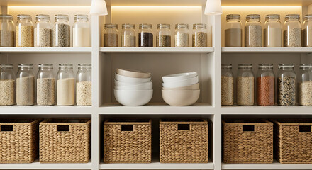 Bright and modern pantry with neatly organized glass jars of dry goods and stylish woven storage baskets