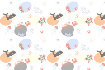 Cute seamless pattern with whales, turtles, seahorses, crabs, and starfish on a white background. Perfect for kids, nursery, or ocean-themed designs.