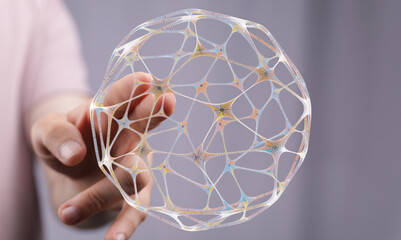 A person's hand interacting with a digital network sphere, symbolizing connection, innovation, technology, data, and conceptual ideas