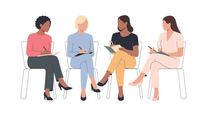 illustration of four people seated in semi-circle engaged in collaborative meeting or group therapy session with notepads