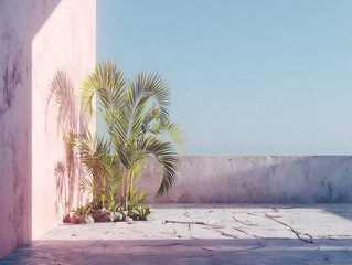 A serene outdoor scene featuring palm trees against a pink wall under a clear blue sky on a sunny day