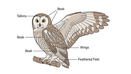 Explore the anatomical detail of a cartoon owl with labeled features like beak, wings, feathered feet, and tallons for educational use and study aids