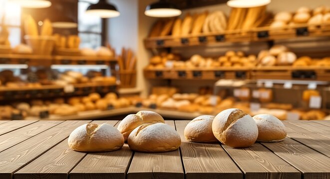 Freshly baked bread rolls dusted with flour on a wooden table in a bakery shop creating a rustic and inviting atmosphere for customers to enjoy traditional artisan baked goods - Powered by Adobe