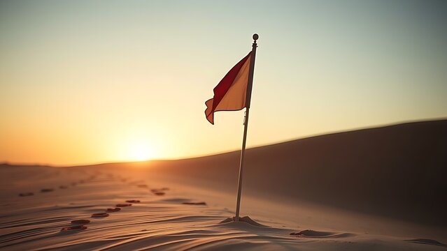 sedition. Broken flagpole in sandy ground with retreating footprints, sunset symbolic of surrender. inspiring travel planning.