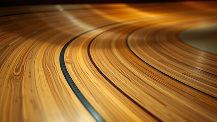 velodrome. Close-up of polished wooden velodrome track curve, spotlight on wood grain. event key visuals, club posters, designed for fitness apps and gym onboarding, used by fitness trainers.