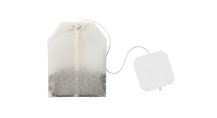 Single tea bag with visible loose leaves, string, and tag—simple, functional, and ideal for culinary, herbal, or packaging reference