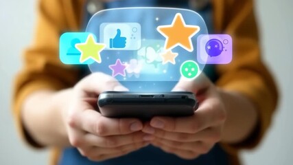 A person holds a smartphone displaying colorful social media icons. The scene represents digital communication and online interaction. - Powered by Adobe