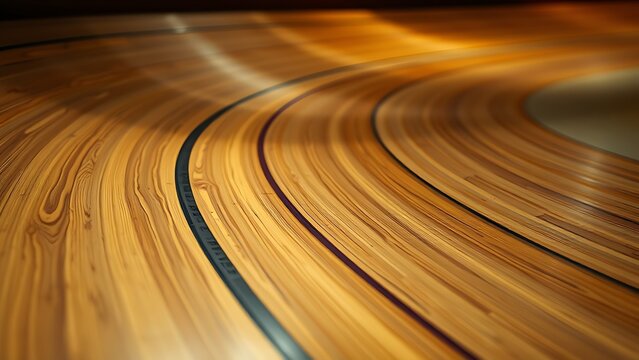 velodrome. Close-up of polished wooden velodrome track curve, spotlight on wood grain. event key visuals, club posters, designed for fitness apps and gym onboarding, used by fitness trainers.