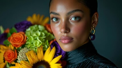 Beautiful woman poses with vibrant flower bouquet in a soft focus background highlighting her natural beauty - Powered by Adobe
