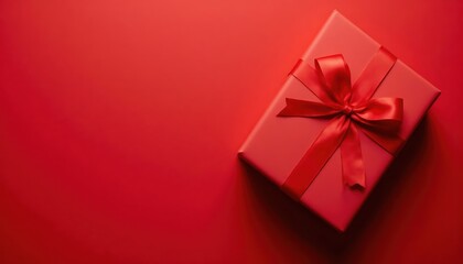 A red gift box with a satin ribbon and bow on an elegant monochrome red background for a holiday, birthday, Christmas or Valentine's Day gift with a dedicated copy space