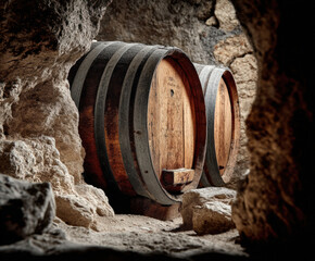 Fototapeta premium Brown oak barrel in a traditional cellar