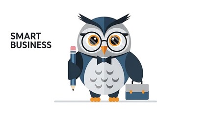 Obraz premium Smart owl with glasses ready for business success with pencil and briefcase, embodying knowledge and intelligence in the corporate world