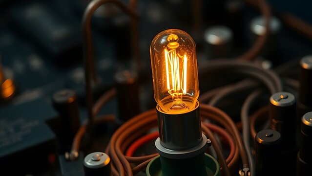 workaround. Industrial fuse tube glowing on a circuit board with electrical components. symbolizing technological progress and responsible innovation.