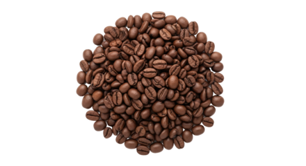 Circular pile of roasted coffee beans—medium to dark brown with visible creases, symmetrical and rich, ideal for culinary, branding, or visual design reference