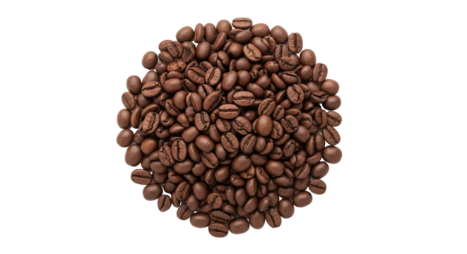 Circular pile of roasted coffee beans—medium to dark brown with visible creases, symmetrical and rich, ideal for culinary, branding, or visual design reference