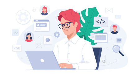 modern tech workspace illustration showing a red-haired developer working on laptop surrounded by coding and web icons
