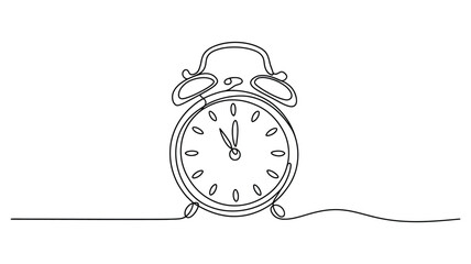minimalist continuous line drawing of vintage alarm clock showing 12 o'clock with twin bells and trailing line