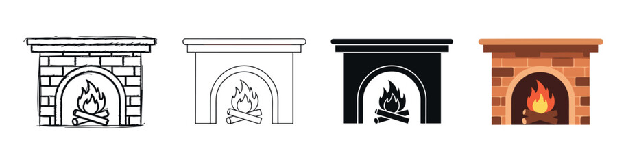 Fototapeta premium Set of four brick fireplace vector icons in different artistic styles including sketch, outline, silhouette, and flat color illustration for home interior design