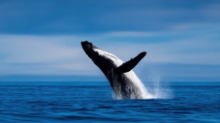 Fototapeta premium Majestic humpback whale breaching in vibrant blue ocean waters under a clear sky, showcasing nature's beauty