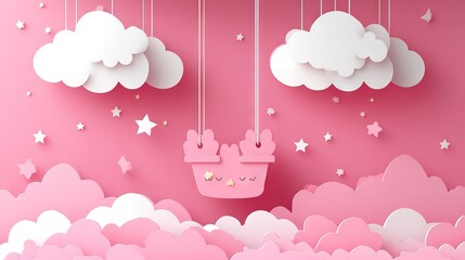 Pink Cartoon Clouds and Stars Background, Soft Dreamy Gradient Pastel Vector Illustration for Kids Design, Social Media and Mobile Wallpaper