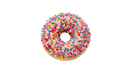Pink-iced donut with colorful sprinkles, circular shape and central hole—vibrant, sweet, and ideal for dessert, culinary, or visual design reference