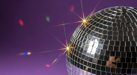 A disco ball reflects light, creating starbursts and colorful reflections against a purple background.